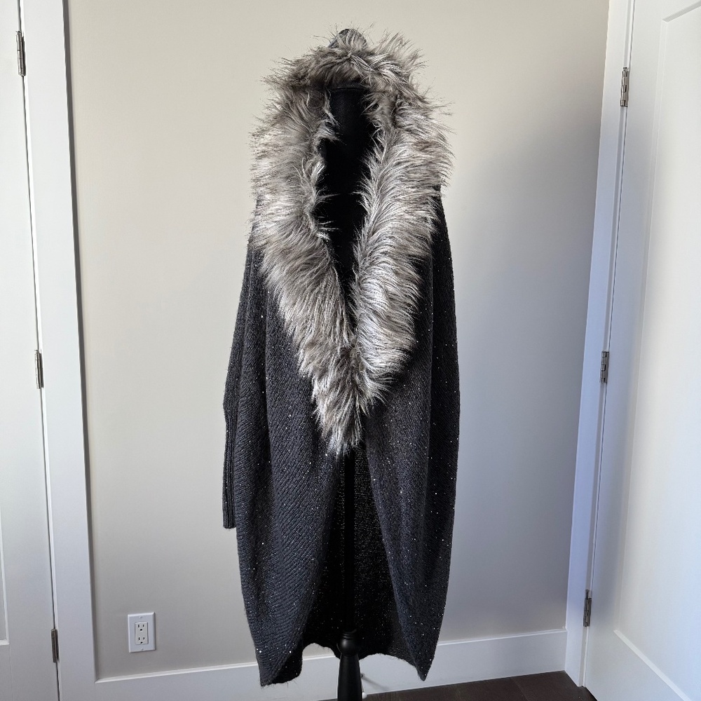 Black Hooded Faux-Fur Trim Open Cardigan Sweater